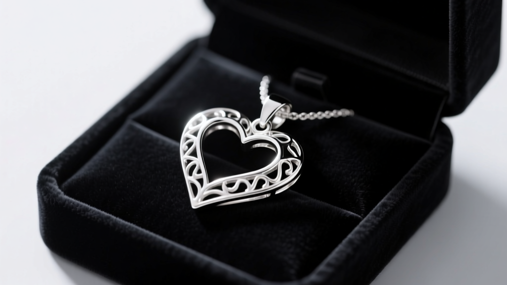 925 sterling silver open heart pendant on dark velvet box, soft studio lighting highlighting the bright rhodium plating finish
