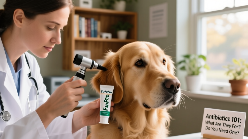 Close-up of a veterinarian examining a dog's ear while holding an antibiotic ointment tube labeled FurPetVo