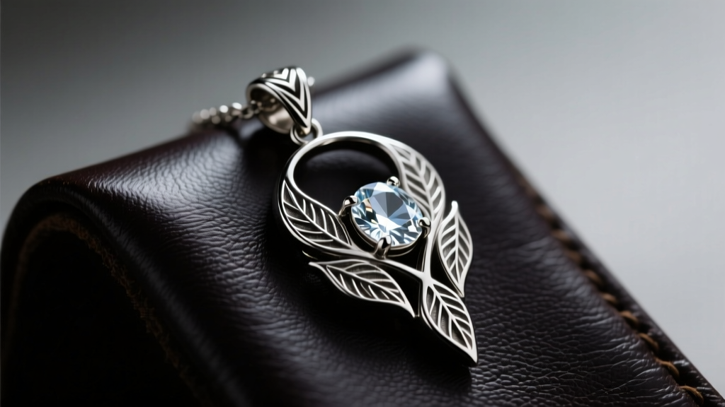 Silver Aragorn Evenstar pendant on dark leather, showing elven leaf motifs and a clear gemstone under moody cinematic lighting.