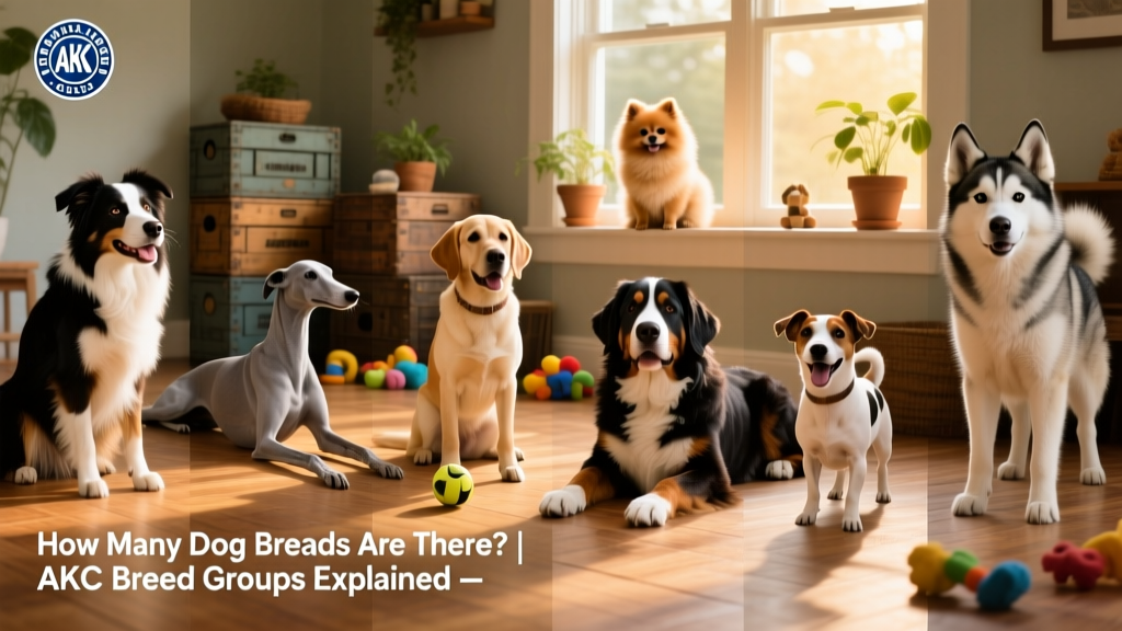 Side-by-side photos of representative dogs from each AKC group: herding, hound, sporting, toy, non-sporting, terrier, and working