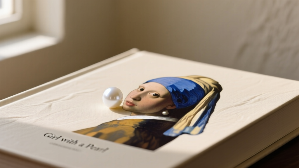 11mm white pearl stud resting on the cover of the Girl with a Pearl Earring book, illuminated by soft, warm, natural window light