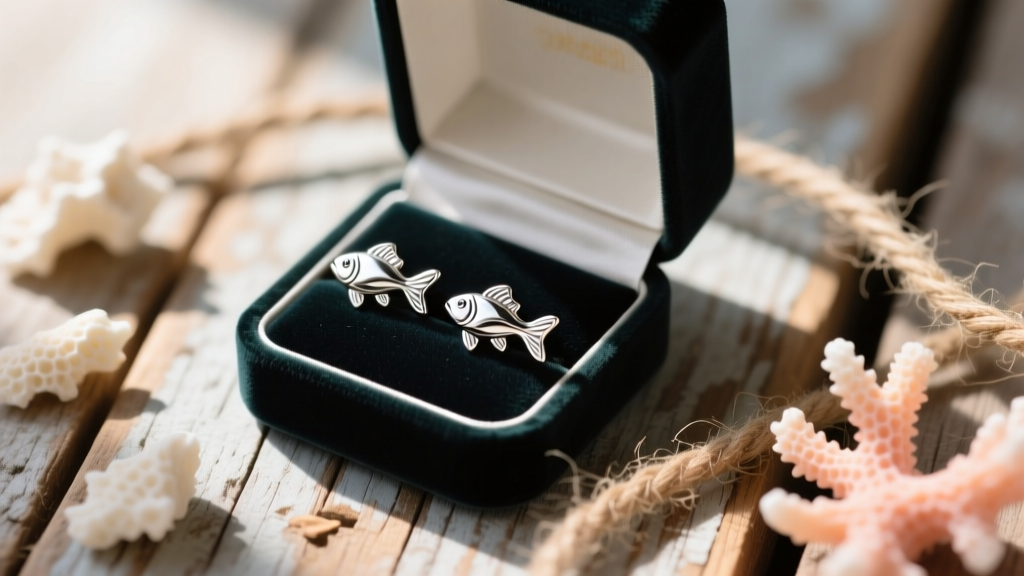 Open velvet box holding sterling silver minnow stud earrings, surrounded by dried coral and twine on a rustic wooden surface