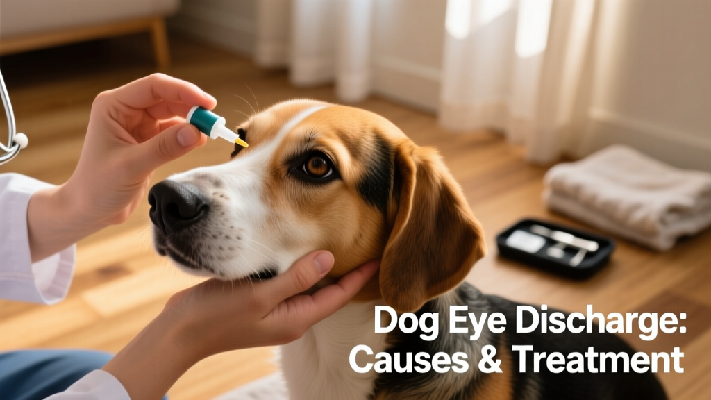 Hand applying eye ointment to a calm dog's lower eyelid while gently holding the head steady