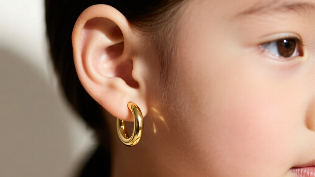 Close-up of a 12mm 14k solid gold huggie hoop on a child's ear, featuring a secure latch-back clasp in warm studio light.