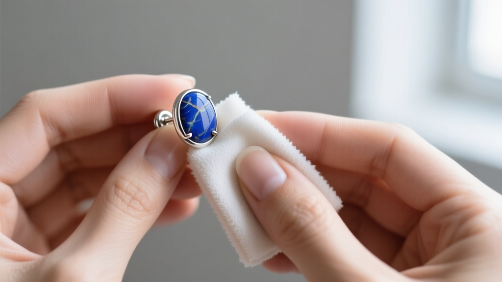 Hands using a soft microfiber polishing cloth to gently clean a thick 18-gauge sterling silver earring post with raw lapis.