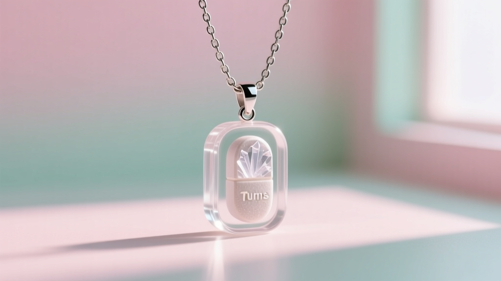 Clear resin-encased Tums tablet pendant hanging from a delicate stainless steel chain against a soft pastel studio background