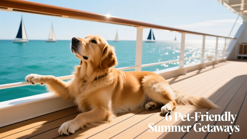 A relaxed dog resting comfortably on a sunny cruise deck with a view of the ocean