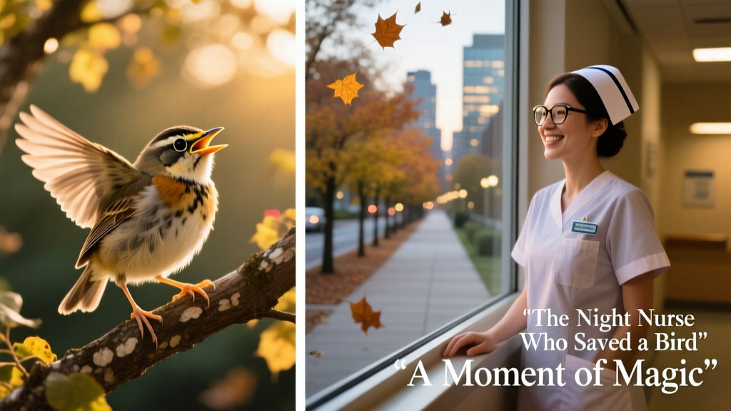 Side-by-side photos: the rescued baby bird perched confidently on a branch two days later, and the nurse smiling beside a window overlooking the hospital walkway