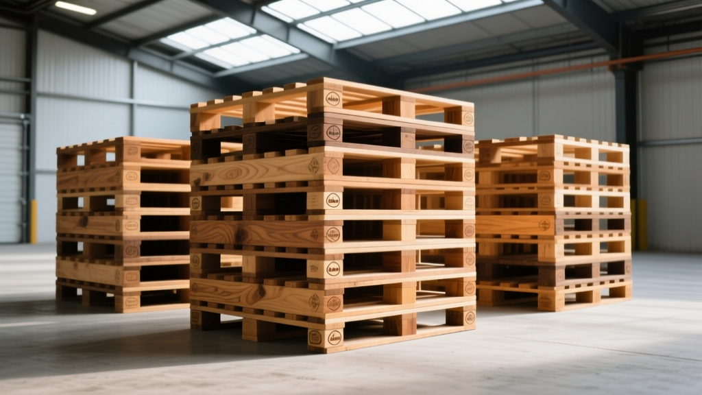 Stacked heavy-duty hardwood shipping pallets made of oak and maple resting on a concrete floor in a brightly lit industrial warehouse