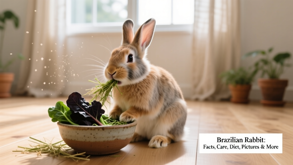A Brazilian rabbit happily munching fresh hay and dark leafy greens from a ceramic bowl in a clean, sunlit space