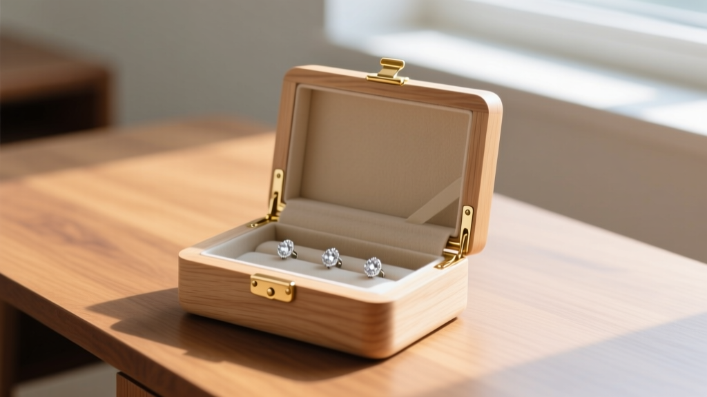 Light maple wooden jewelry case with brass hinges on an oak desk, holding delicate silver stud earrings in bright daylight.