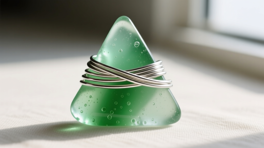 Macro shot of 20-gauge half-hard sterling silver wire tightly wrapped around the edge of a smooth triangular piece of green seaglass