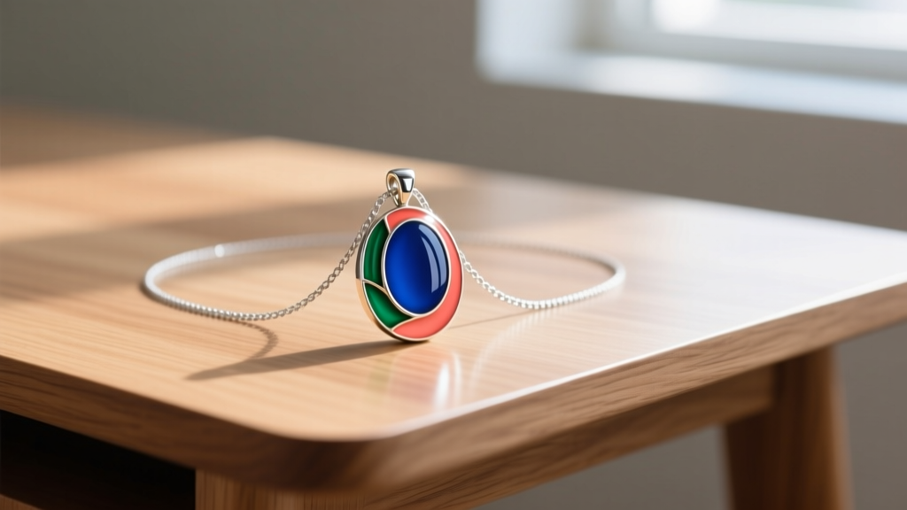 Custom enameled pendant on a necklace coloring page, paired with a 1.2mm sterling silver cable chain on a wooden desk