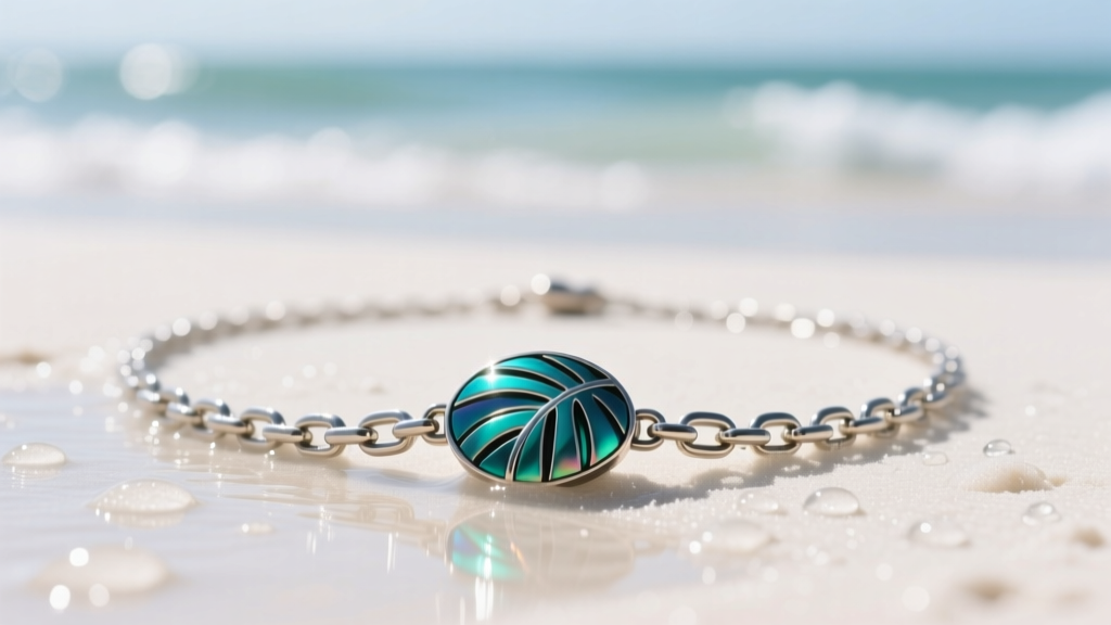 Macro shot of a marine-grade titanium tropical necklace with anodized teal pendants resting on wet white sand in bright sunlight.
