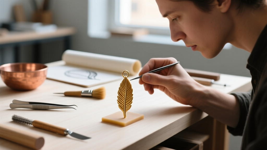 Artisan inspecting raw wax feather earring model before casting, with tools and workbench visible in a softly blurred background
