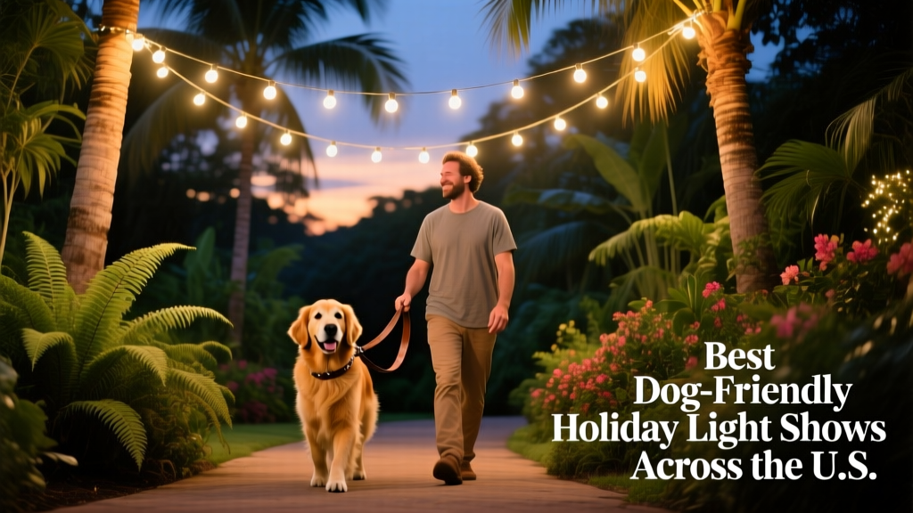 A golden retriever on a leash walking alongside its owner under strings of warm white lights draped across palm trees in a lush botanical garden at dusk