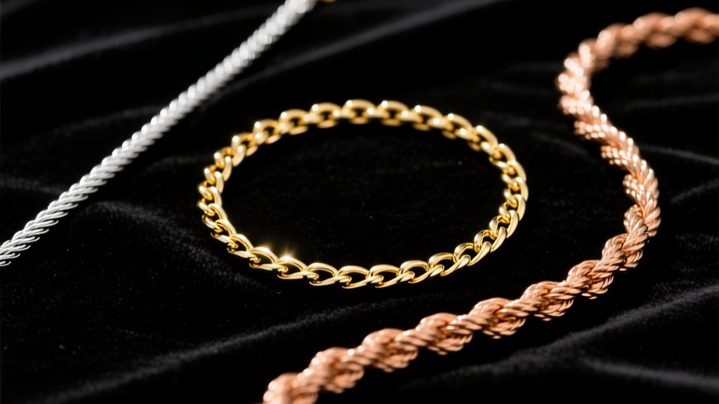 Three chains for a lemon necklace: 1.2mm box, 0.9mm cable, and 1.5mm rope chains on dark velvet under bright studio lighting.