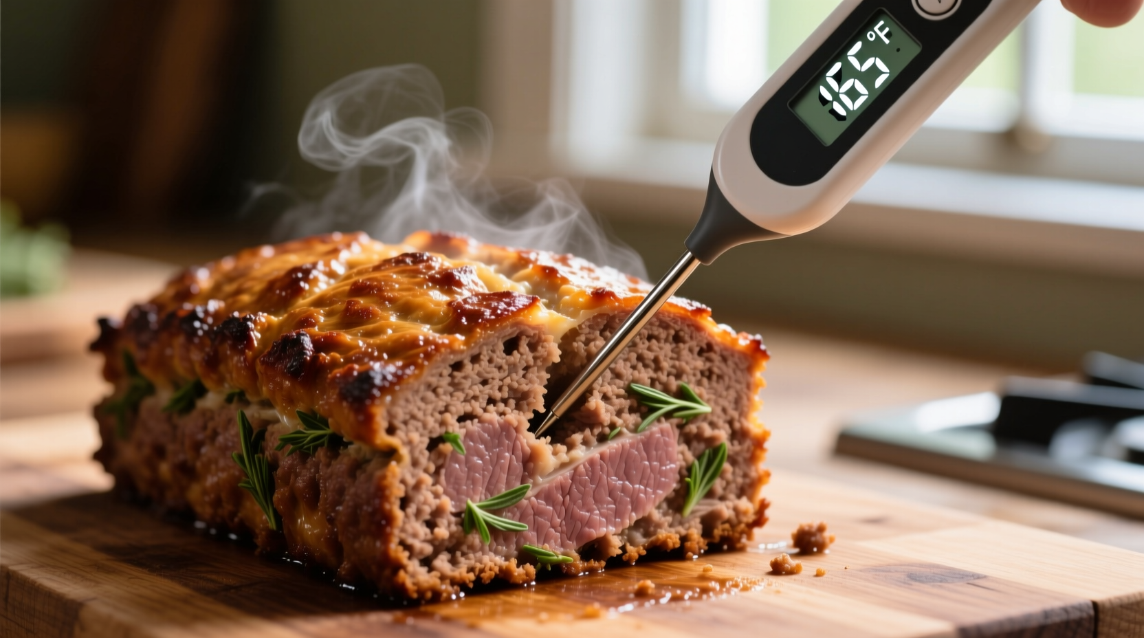 Digital thermometer inserted into center of meatloaf