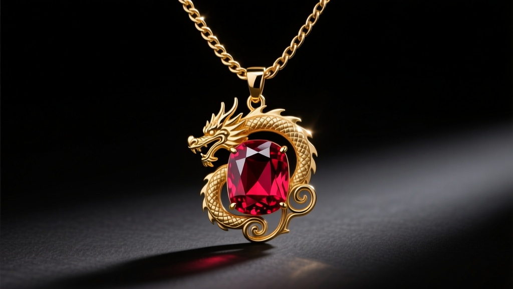 A custom dragonstone-inspired ruby and gold pendant hanging from a thick Figaro chain, illuminated by dramatic moody lighting