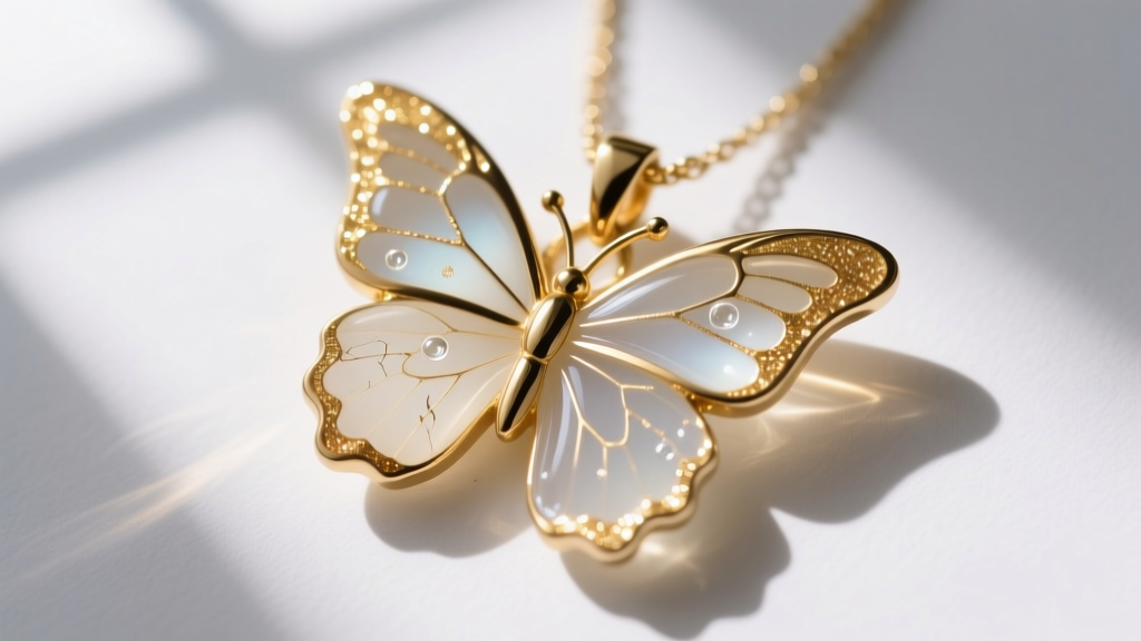 Close-up of a butterfly pendant edge, showing the microscopic boundary between gold-tone flash plating and cold epoxy resin fills.