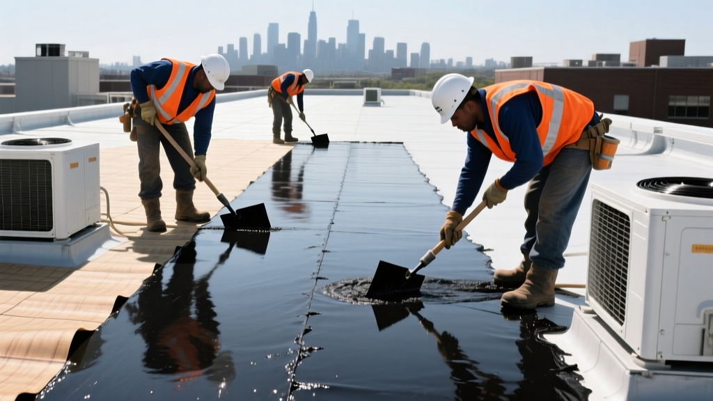 Roofing crew applying hot-mopped asphalt tar over fiberglass ply sheets on a commercial flat roof deck near HVAC curbs