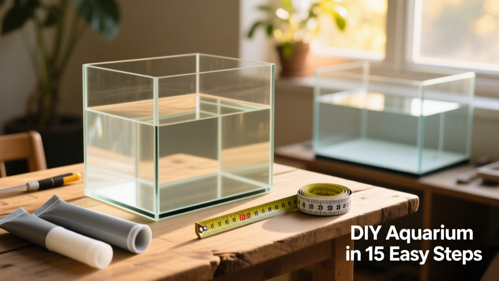 A clean, empty glass aquarium frame with silicone sealant tubes and measuring tape nearby