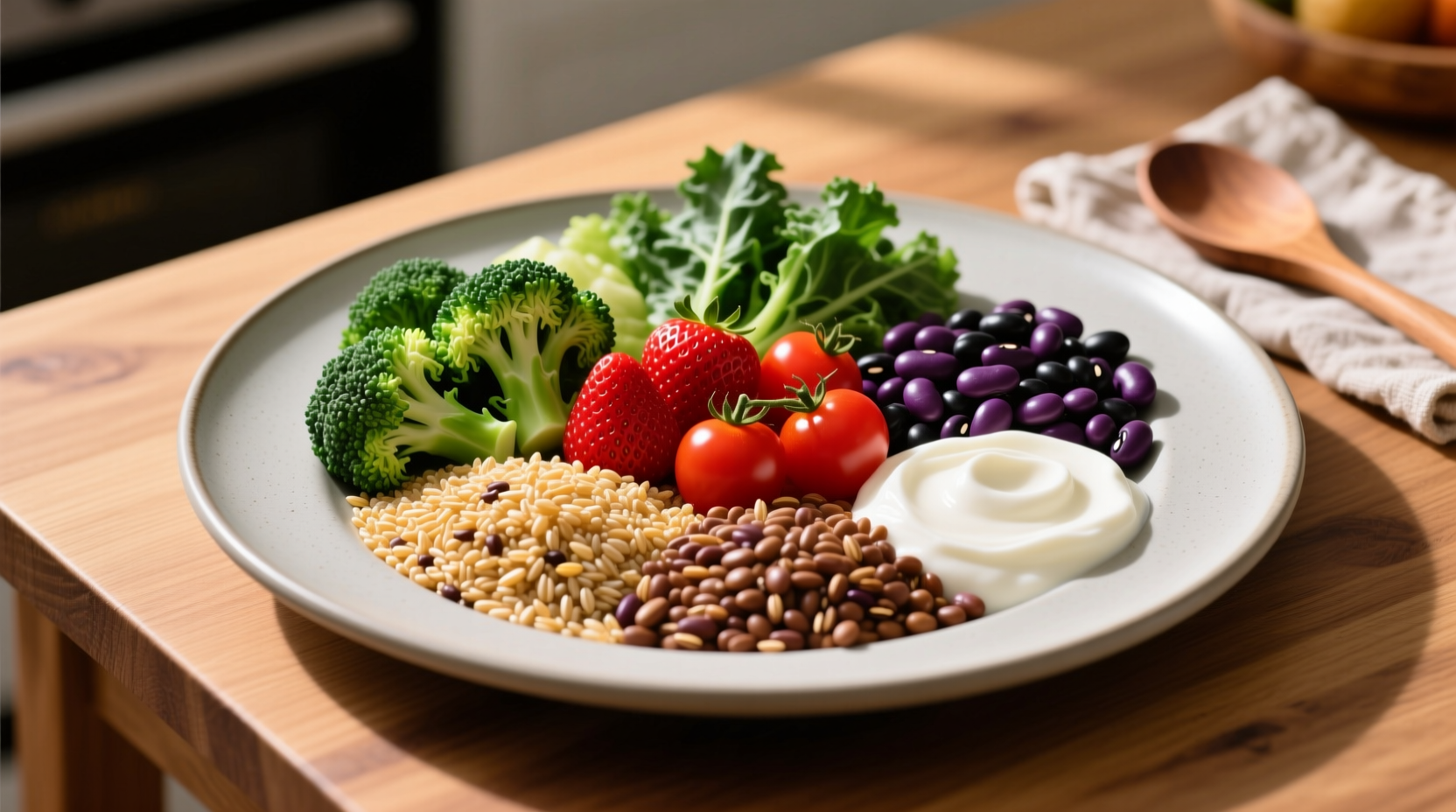 Colorful food groups arranged on a plate