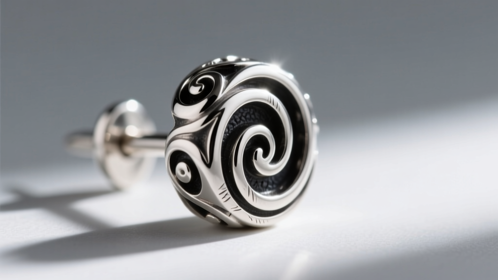 Macro photo of an engraved sterling silver earring post and scrollwork, highlighting oxidized and polished silver contrasts.