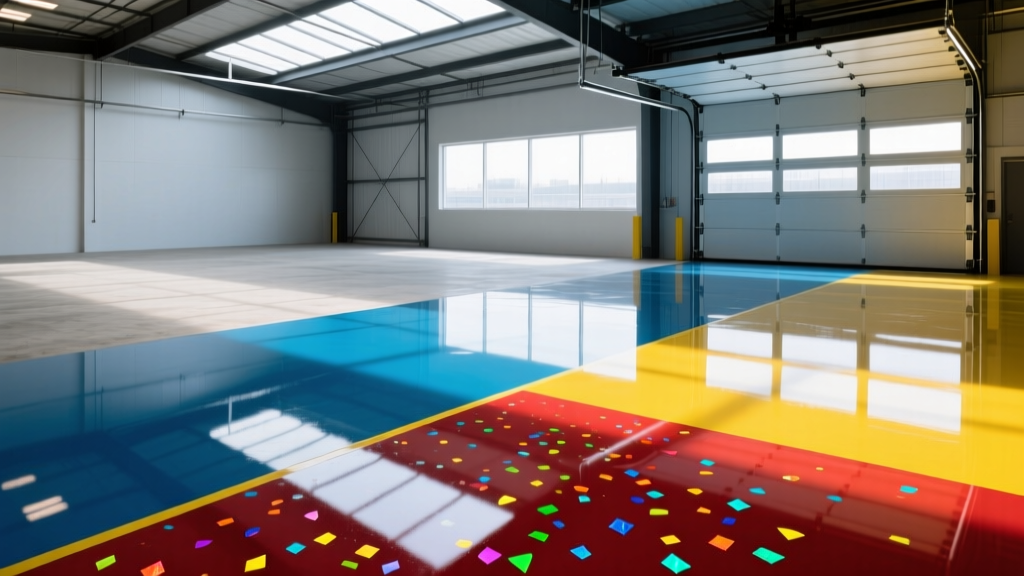 Reflective polished concrete warehouse floor beside a vibrant metallic epoxy garage floor with colorful flake accents in bright lighting