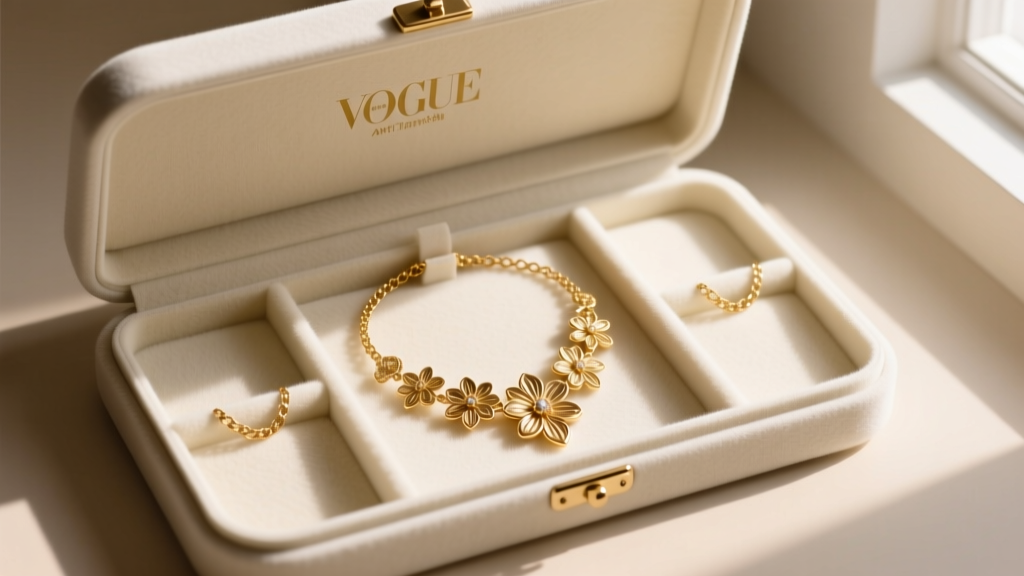 Open anti-tarnish box displaying a gold necklace with flowers, separated by flannel dividers to prevent delicate chain tangles.