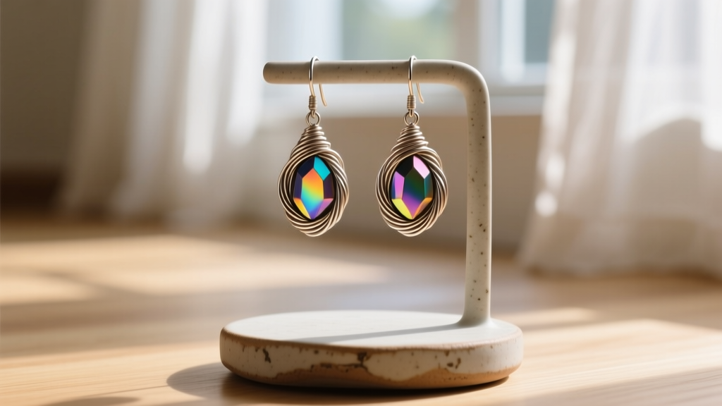 Handmade 22-gauge niobium wire-wrapped briolette earrings hanging from a ceramic display stand against soft, natural window light