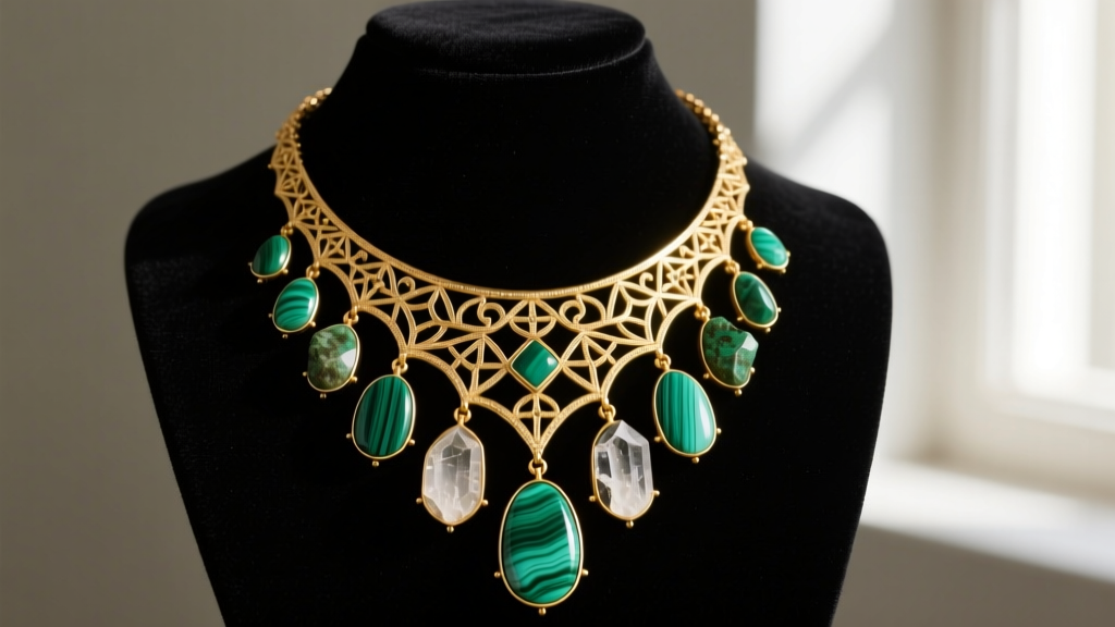 A luxurious 14k gold vermeil bib statement necklace with raw malachite stones resting on a black velvet jewelry display bust.