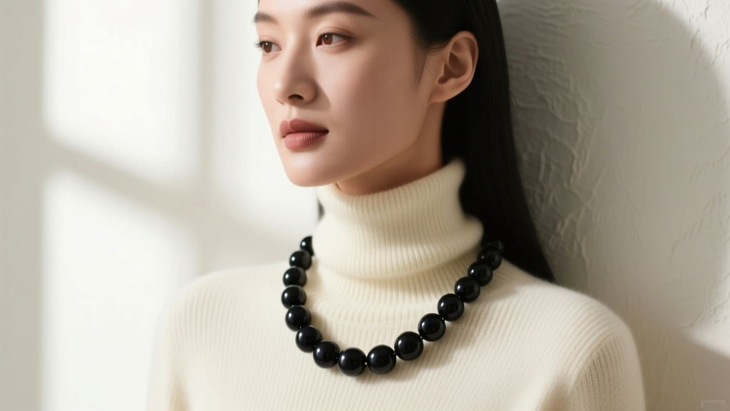 Woman wearing a 32-inch matte onyx semi precious beads necklace over a cream cashmere turtleneck sweater in soft studio lighting.