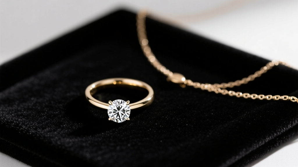 Flat lay of a 14k white gold diamond solitaire ring and box chain necklace on dark velvet under soft studio lighting