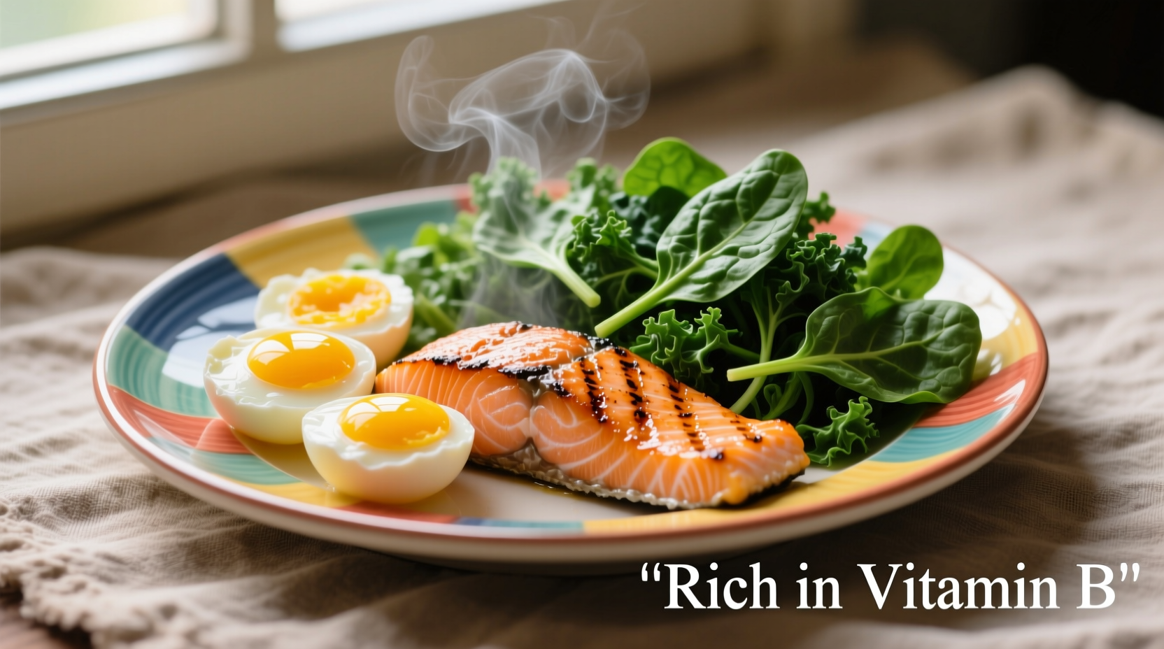 Colorful plate of vitamin B-rich foods including eggs, salmon, and leafy greens