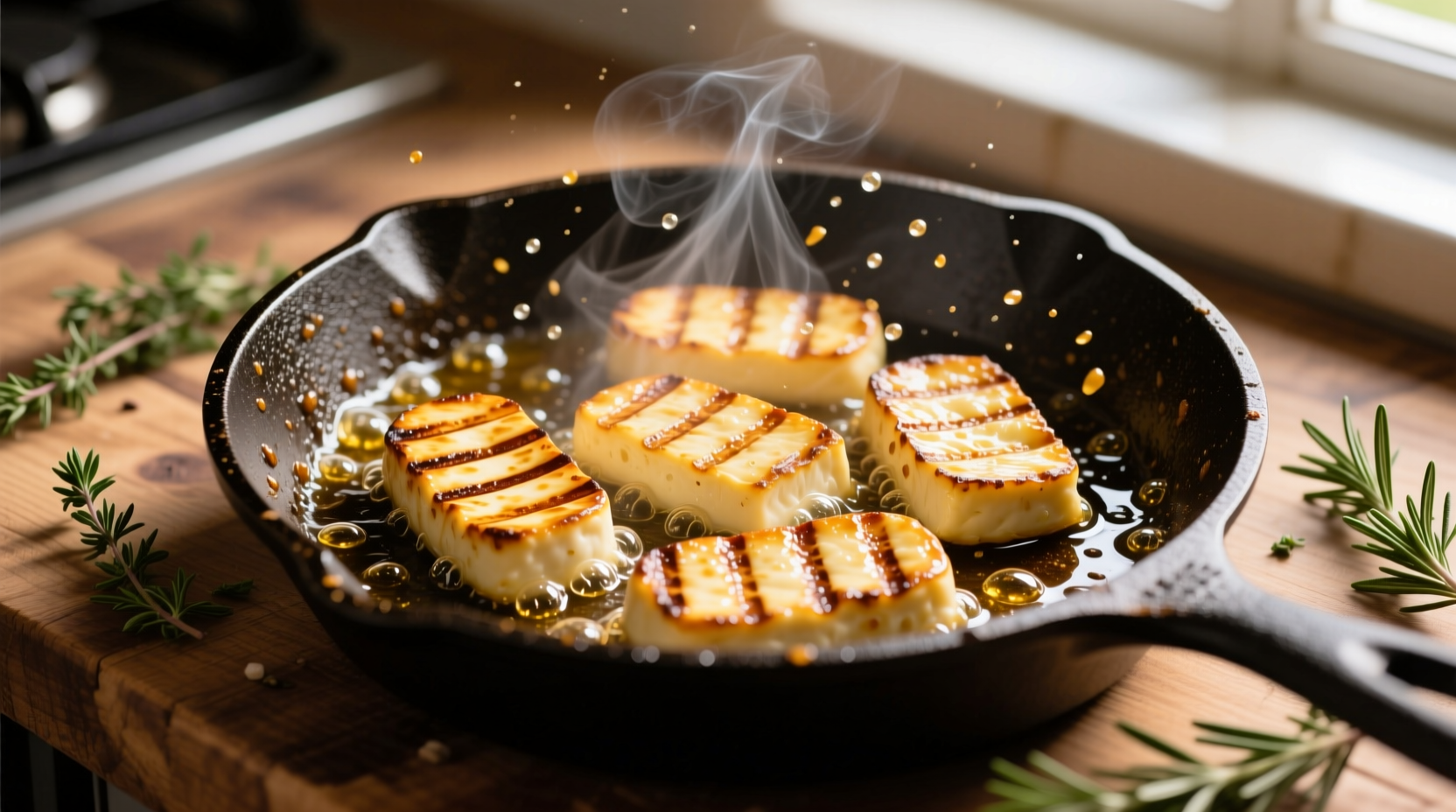 Golden brown halloumi slices sizzling in a cast iron skillet