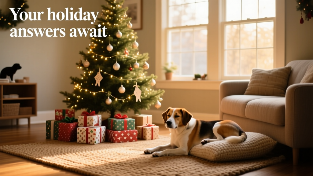 A festive, well-lit photo of a cozy living room with a pet-friendly holiday setup: a small decorated tree, wrapped gifts under it, and a calm dog resting nearby on a soft rug