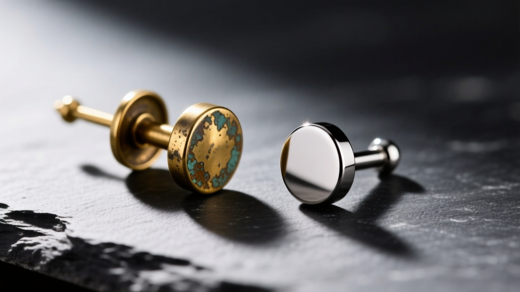 Macro view of a tarnished brass earring post beside a polished ASTM F-136 titanium flat-back labret stud on a dark slate surface.
