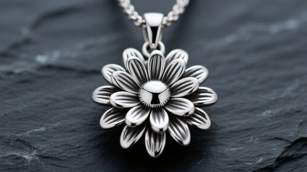 Macro shot of sterling silver chrysanthemum pendant with oxidized petal grooves and polished center on dark slate background.