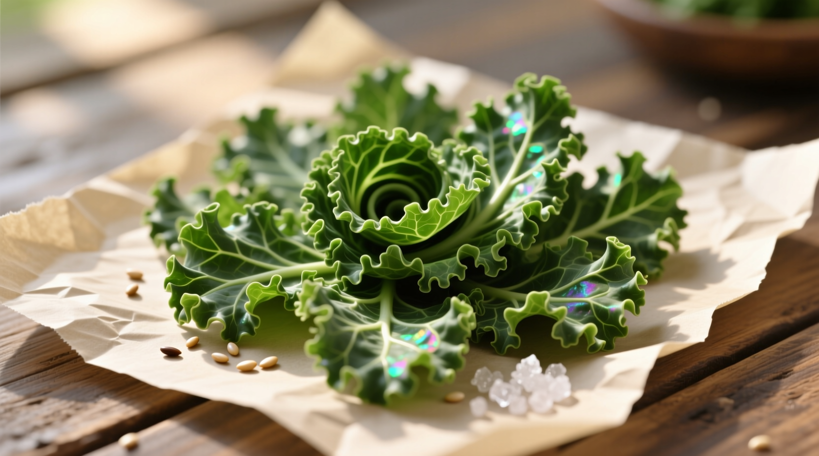 Fresh kale chips arranged on parchment paper