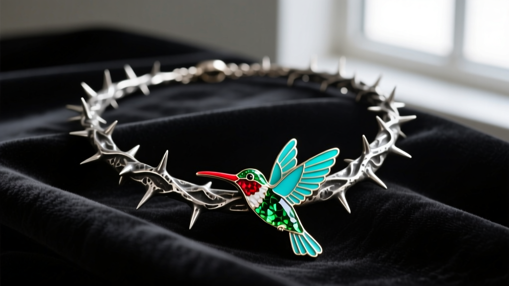 Close-up of an artisanal oxidized silver thorn necklace with a vibrant enameled hummingbird pendant resting on dark velvet.