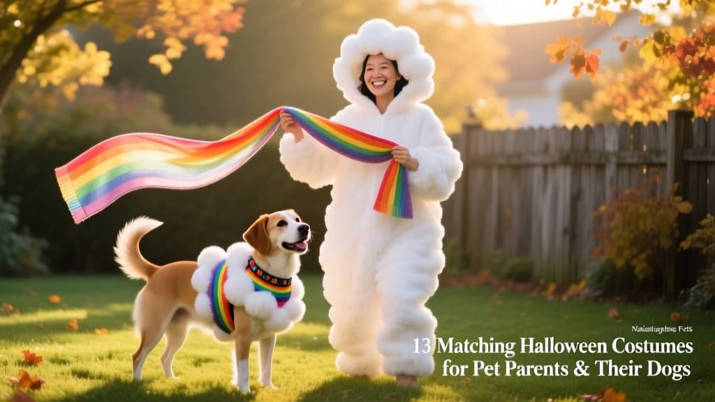 A person in a soft white cloud costume holding a rainbow scarf while their dog wears a fluffy cloud-shaped harness with rainbow accents