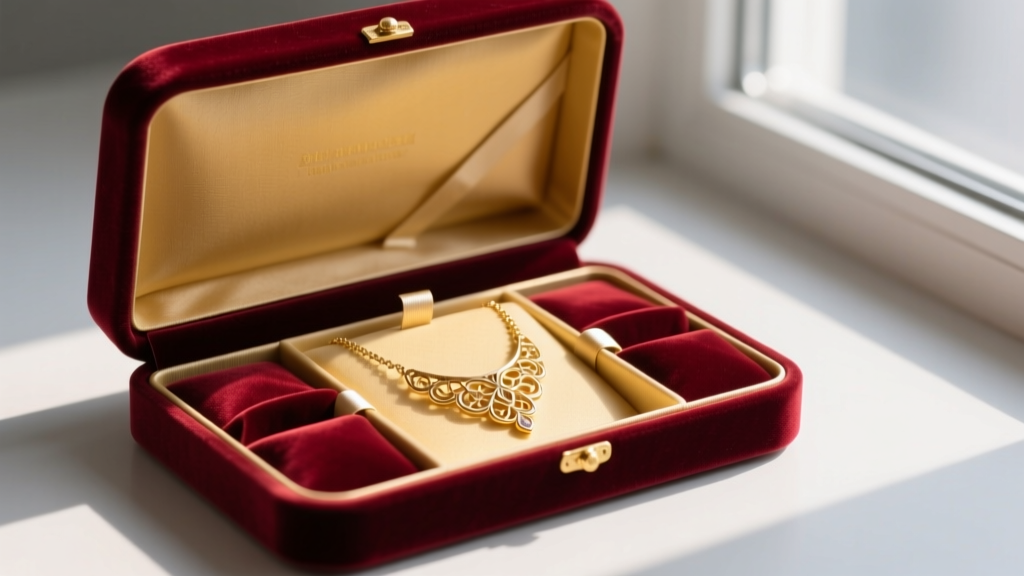Velvet box showing a delicate gold necklace secured with anti-tarnish strips and clipped into separate soft fabric compartments