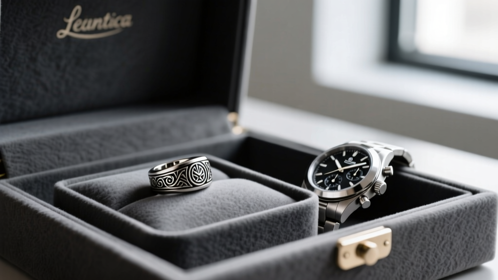 Interior view of a luxury organizer with dark grey Alcantara lining, holding a titanium signet ring and steel chronograph watch