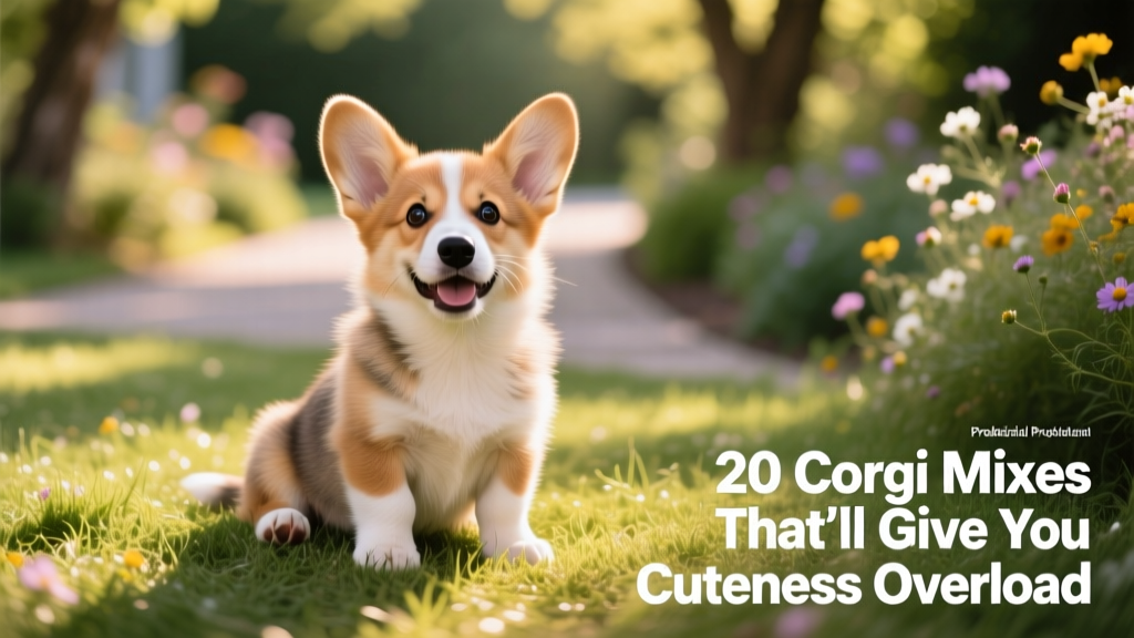A playful Corgi mix puppy sitting on grass, showcasing its short legs and expressive eyes
