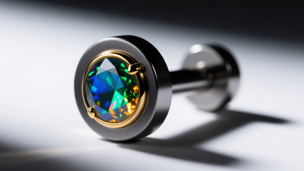 Macro shot of an ASTM F136 titanium flat back labret with a bezel-set opal on dark slate, lit by dramatic directional light