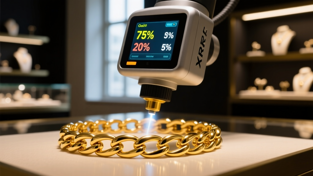 Close-up of an XRF gun scanning an 18k yellow gold Cuban bracelet, showing metal percentages on a glowing screen in a dim shop.