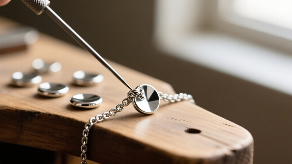 Steel beading needle separating a tight knot in a 0.9mm silver box chain with mirrored disc pendants on wooden jeweler bench