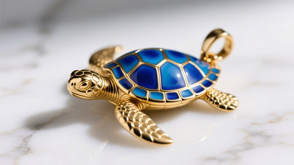 Close-up of a gold-plated brass sea turtle pendant with vibrant blue cold enamel detailing resting on a white marble surface.