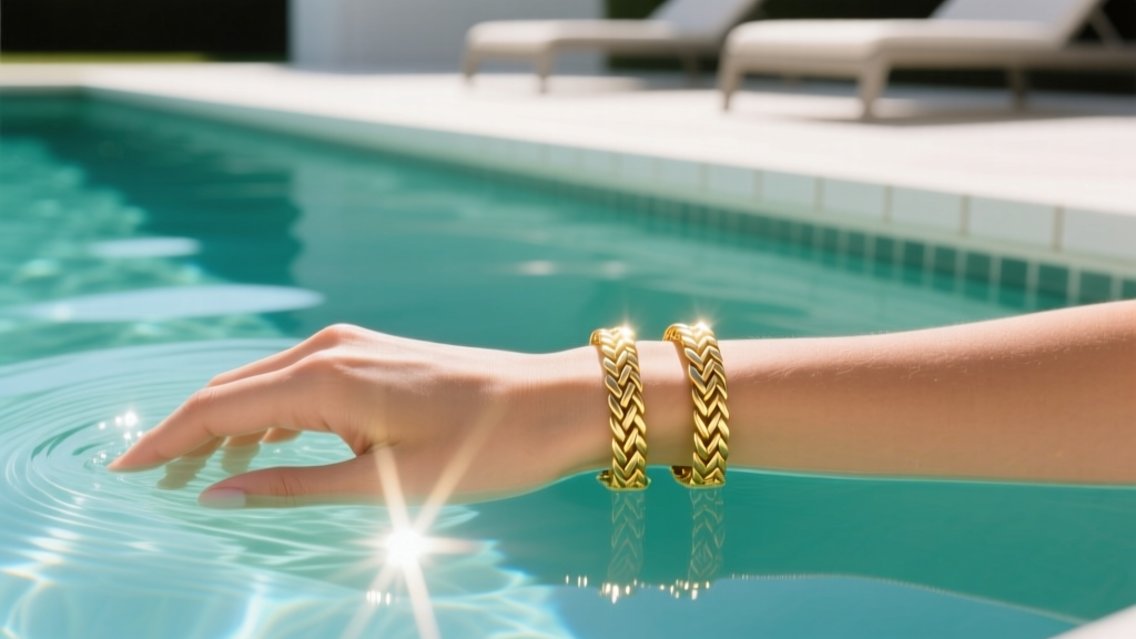 Hand wearing 18k gold herringbone bracelets in chlorinated pool water with bright sunlight reflecting off the rippling surface